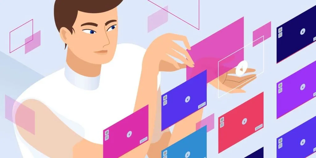 Illustration of a person browsing colorful video thumbnails, representing the diversity of YouTube content and its impact on digital culture and brand engagement.