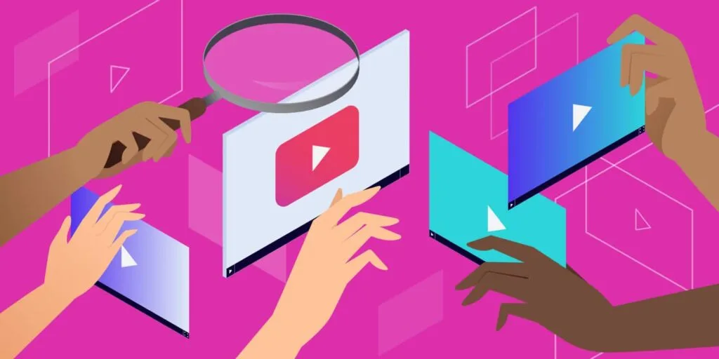 Hands organizing books and documents with a prominent YouTube logo, symbolizing research and strategic planning in brand marketing through YouTube culture.