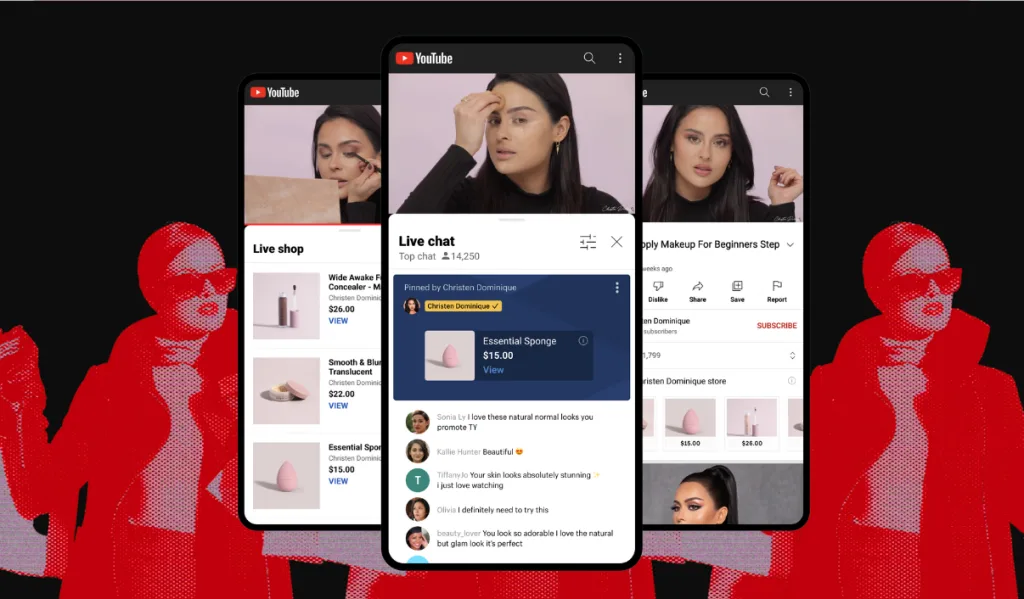 YouTube live video commerce interface featuring makeup tutorials with live chat and product links, showcasing in-stream shopping experience.