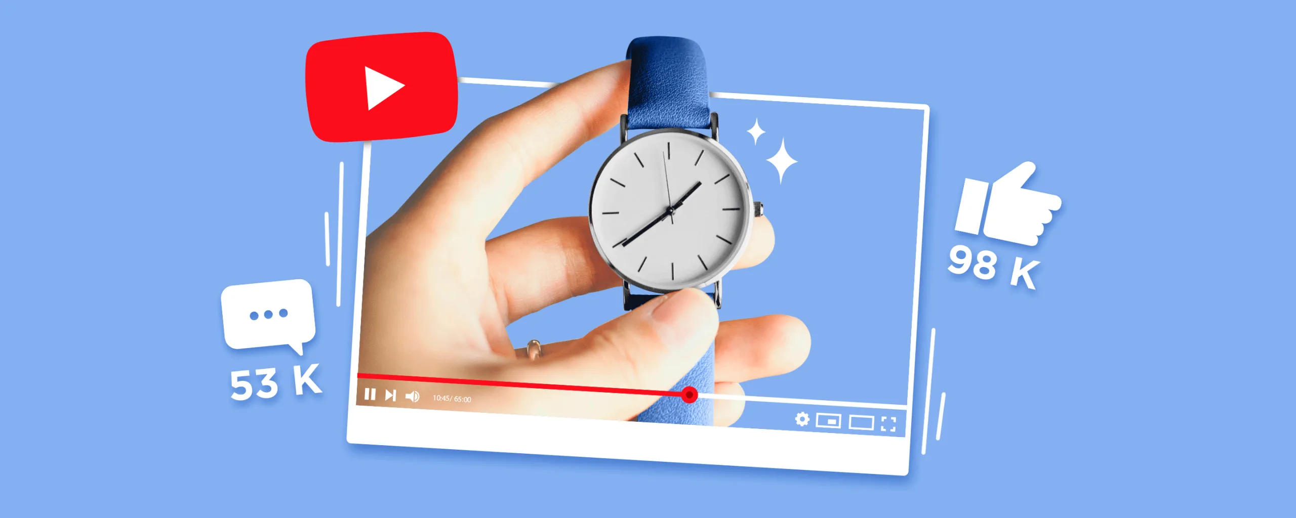 Close-up of a hand holding a watch inside a YouTube video player frame, symbolizing video commerce with high engagement through likes and comments.
