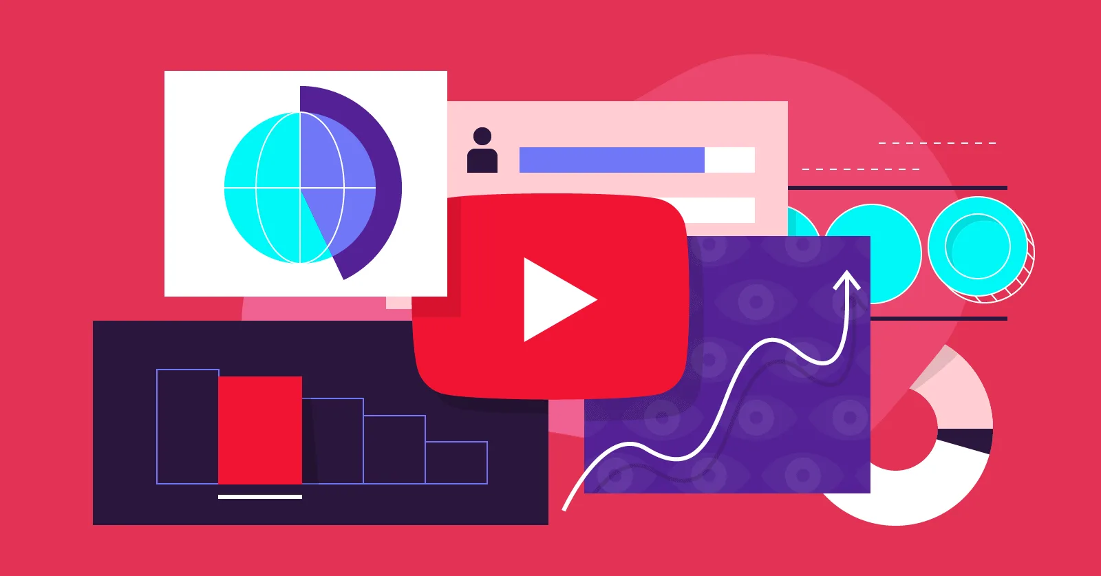 Abstract visuals of charts, graphs, and a YouTube play button, illustrating how data analytics and viewer insights influence brand marketing within YouTube culture.