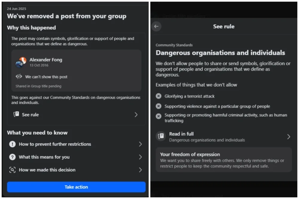 Facebook interface showing community standards on dangerous content. This visual relates to Facebook group suspensions and offers insight into social media marketing risks in Gold Coast.