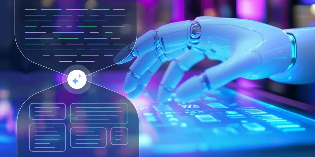 AI robot hand interacting with data interface, symbolising how GEO helps content appear in generative AI responses.