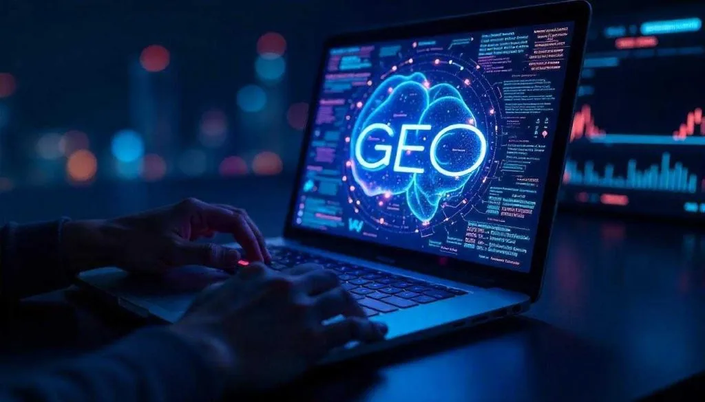 Person working on a laptop displaying GEO concept with AI data visualisation, representing Generative Engine Optimisation in action.