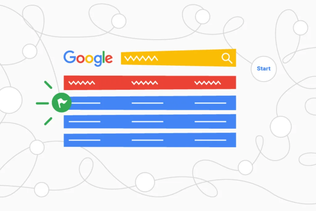 Visual concept of Google's updated SERP layout showing ads and organic listings in red and blue, symbolising the impact of SEO updates on ranking—relevant for digital marketing Gold Coast businesses.