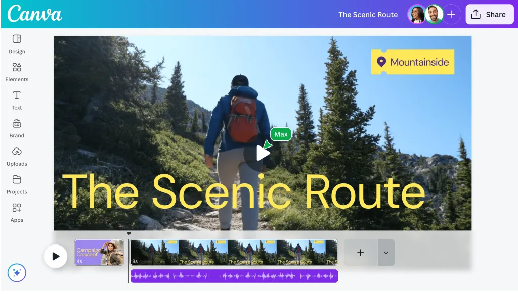 Google’s Veo 3 in Canva editing interface showing a person hiking with the video title “The Scenic Route” and timeline elements below.