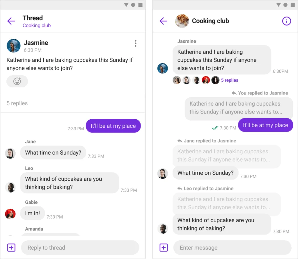 Two screenshots of the Threads app on an iPhone, presented in dark mode. The left screenshot shows the main messages inbox, and the right screenshot displays a direct message conversation with another user.