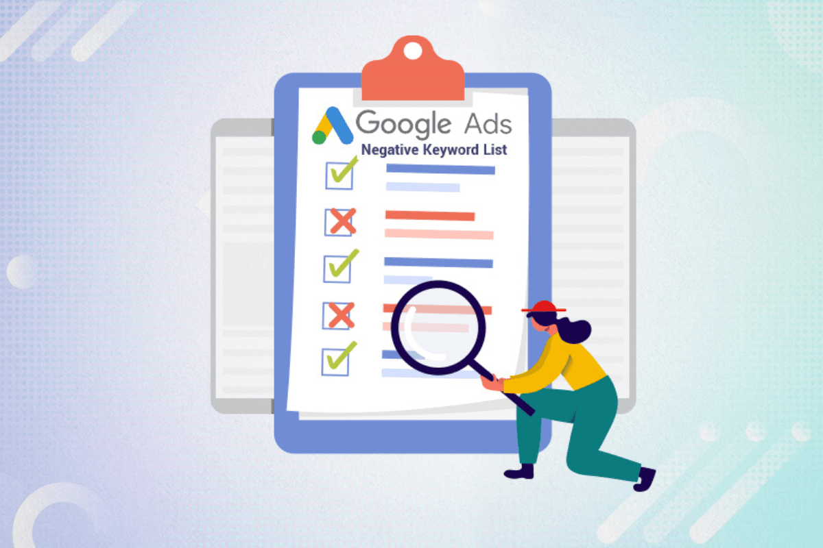 Illustration of a clipboard titled "Google Ads Negative Keyword List" with check and cross marks, representing how businesses manage negative keywords in PPC Gold Coast campaigns.