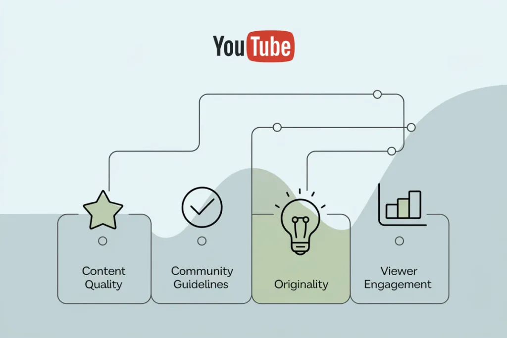 Graphic of YouTube’s content criteria—content quality, community guidelines, originality, and viewer engagement—emphasizing YouTube’s crackdown on inauthentic AI-generated videos and stricter monetization policies.