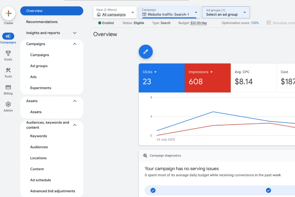 Google Ads campaign overview showing impressions, clicks, and CPC performance – tracking results before you add negative keywords to your campaign with a PPC service Gold Coast.