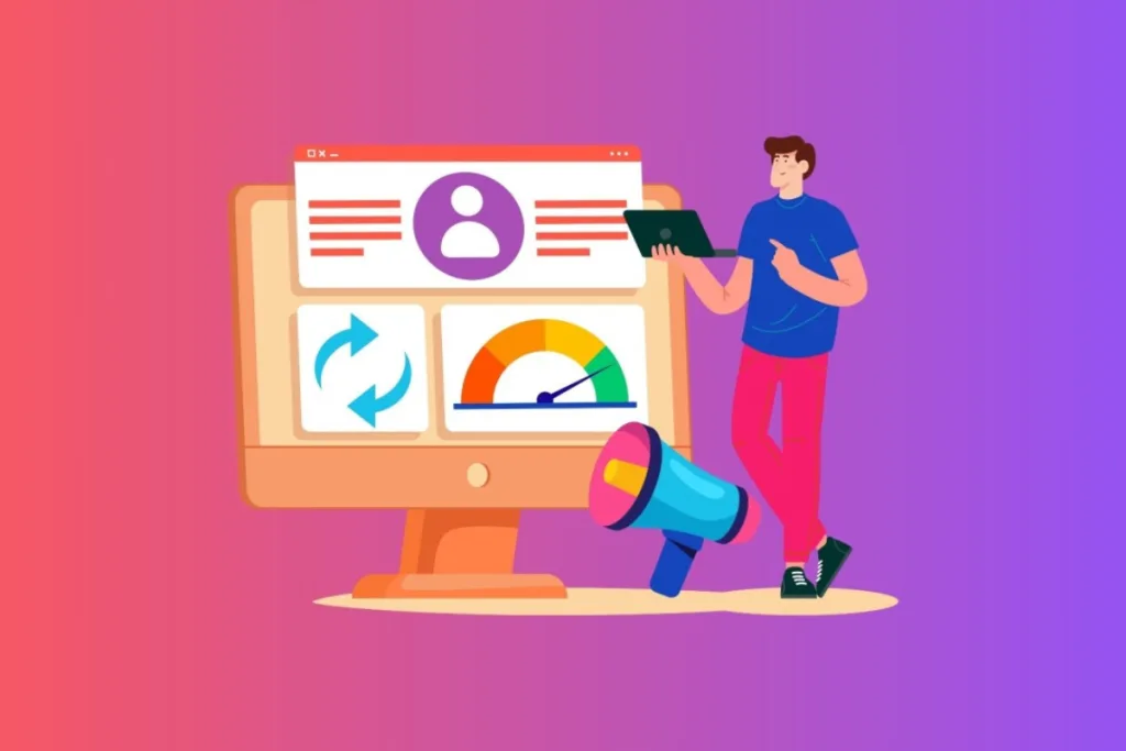 A person managing online ads on a screen, surrounded by marketing icons like graphs, messages, and a megaphone, representing ad campaign optimisation.