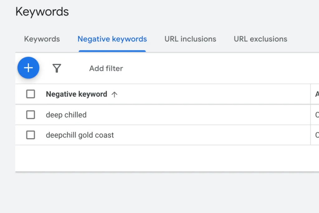 Negative keyword list example in Google Ads, including brand-related terms – how to add negative keywords to your campaign with PPC service Gold Coast.