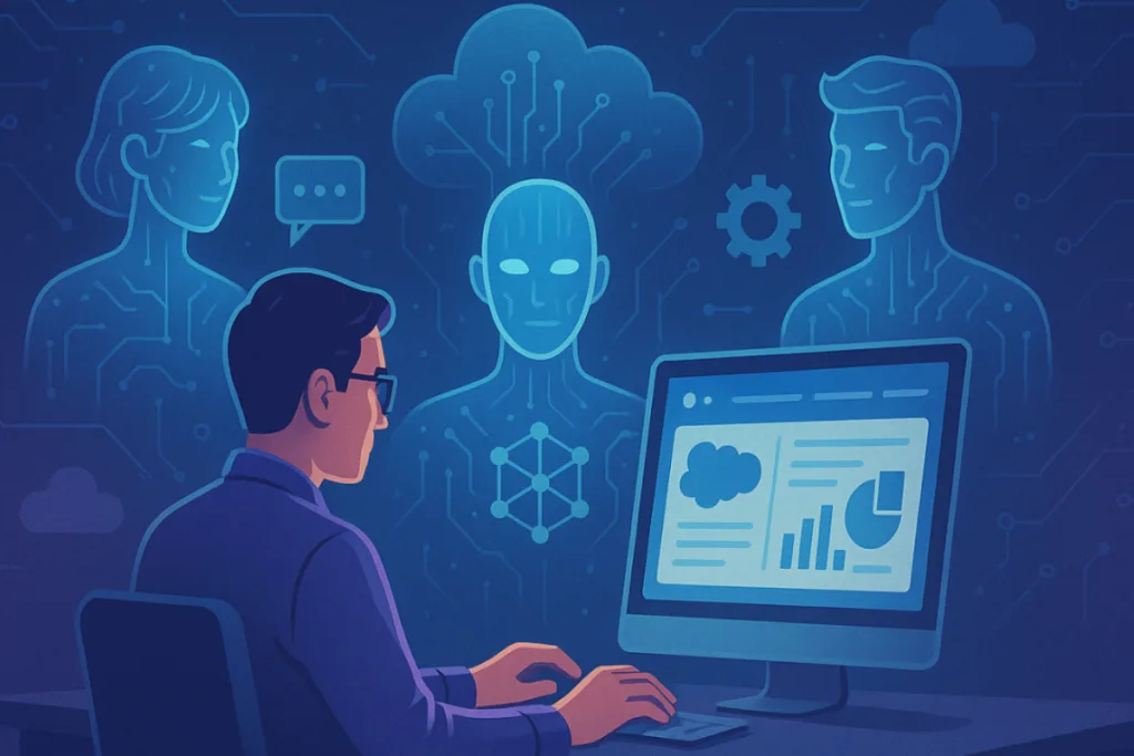 Businessman analyzing charts on computer, surrounded by AI and cloud icons, representing the struggle of drowning in data but starving for insights.