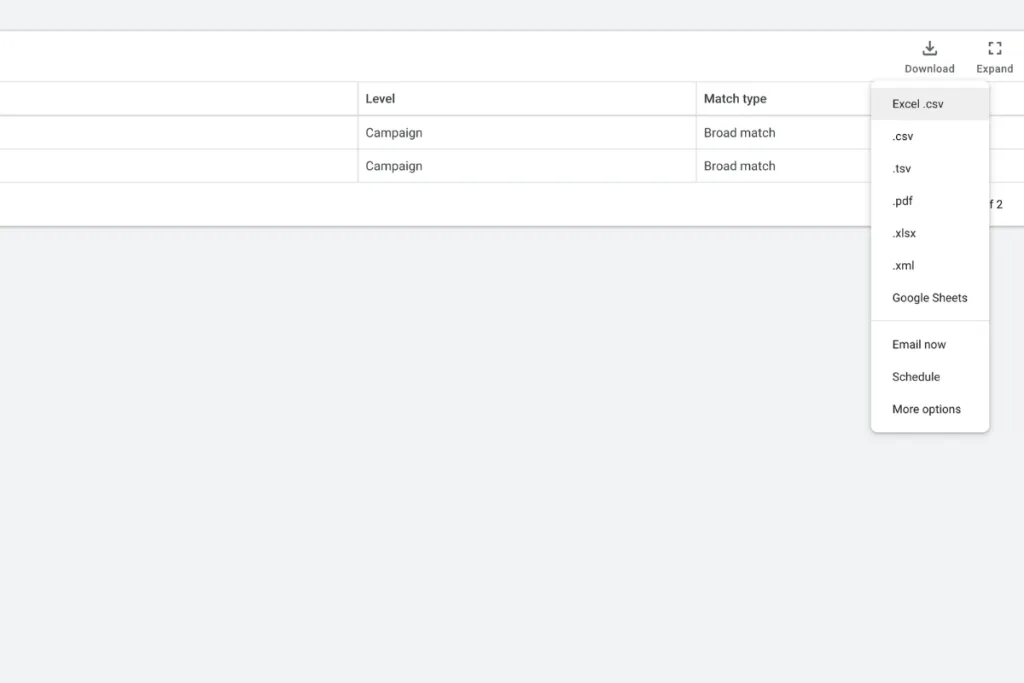 How to download negative keywords for review or backup - screenshot from BRANDCOM, PPC service Gold Coast