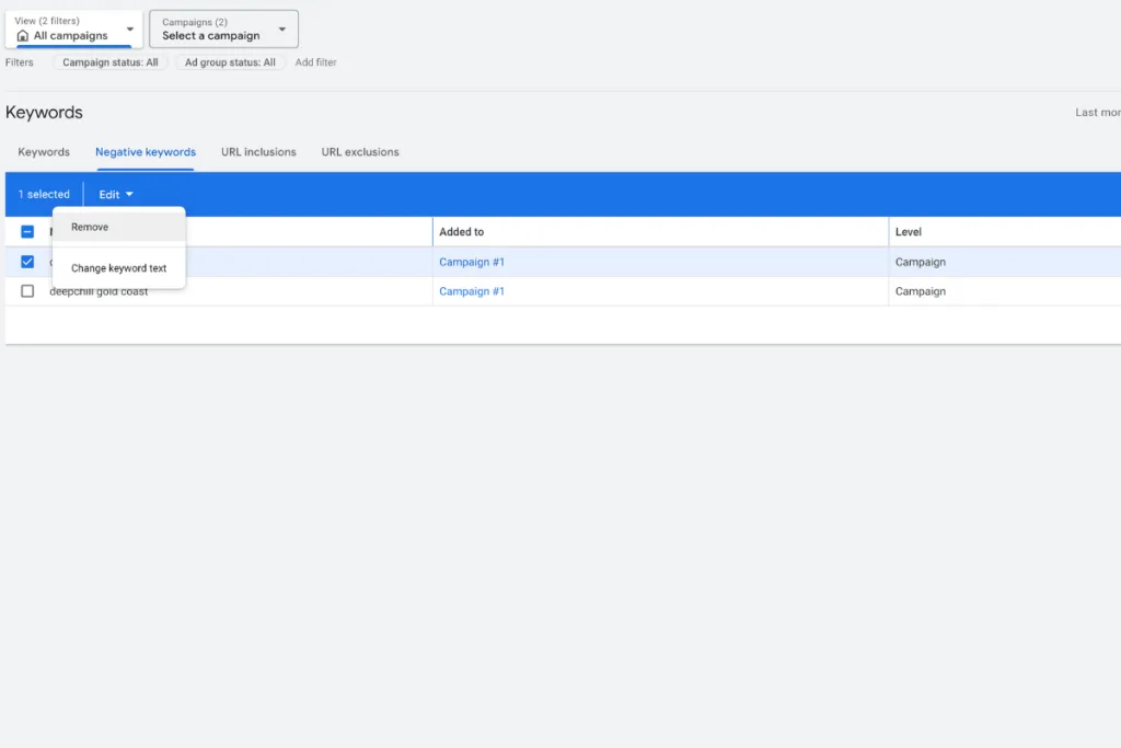 How to remove negative keywords - BRANDCOM screenshot