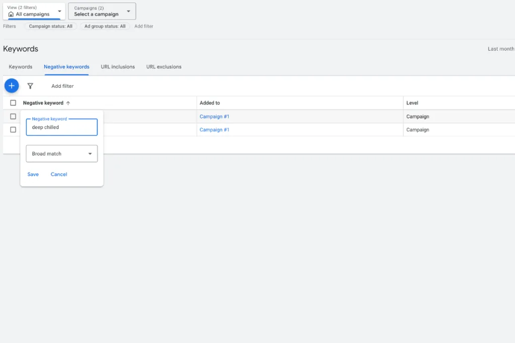 How to edit negative keywords in Google Ads - BRANDCOM screenshot