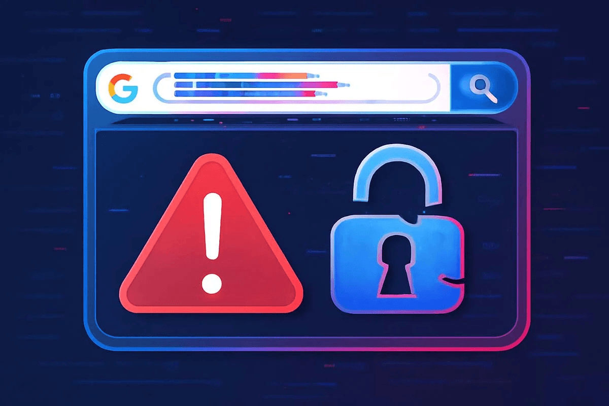 Visual representation of the Google URL removal bug showing a search bar, warning icon, and unlocked padlock — highlighting security risks for Google SEO efforts on the Gold Coast.