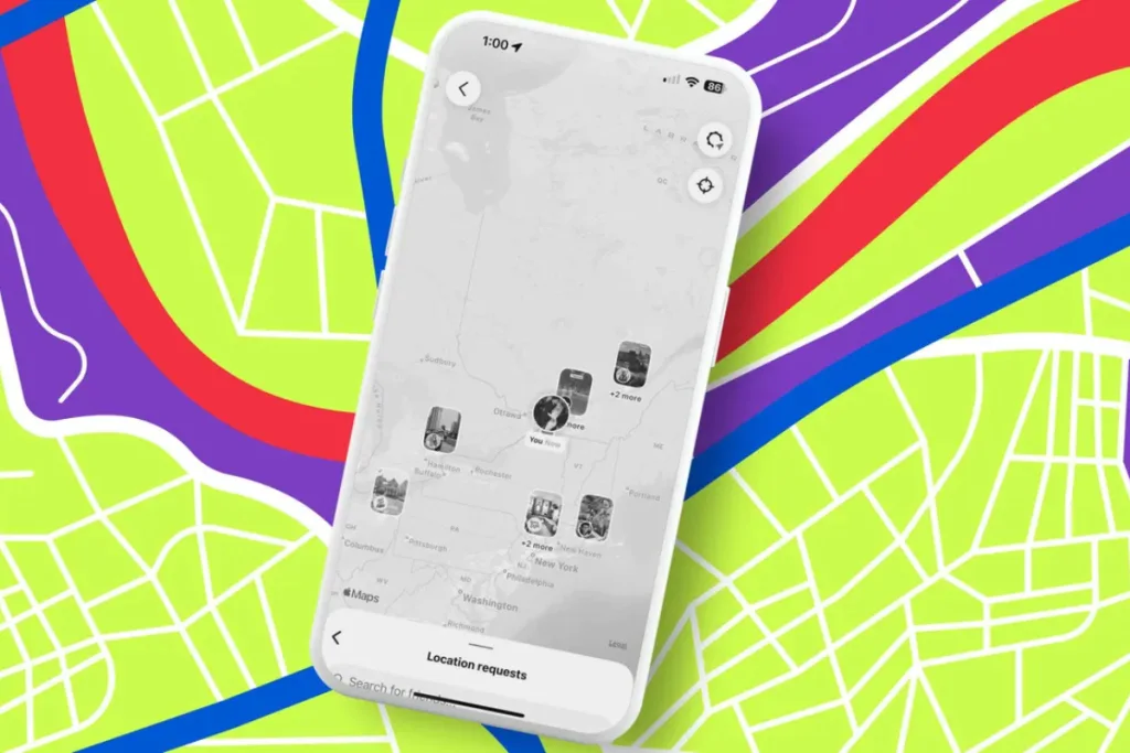 Instagram Maps on smartphone with location pins over a colorful map background, representing visual tools for social media marketing Gold Coast.
