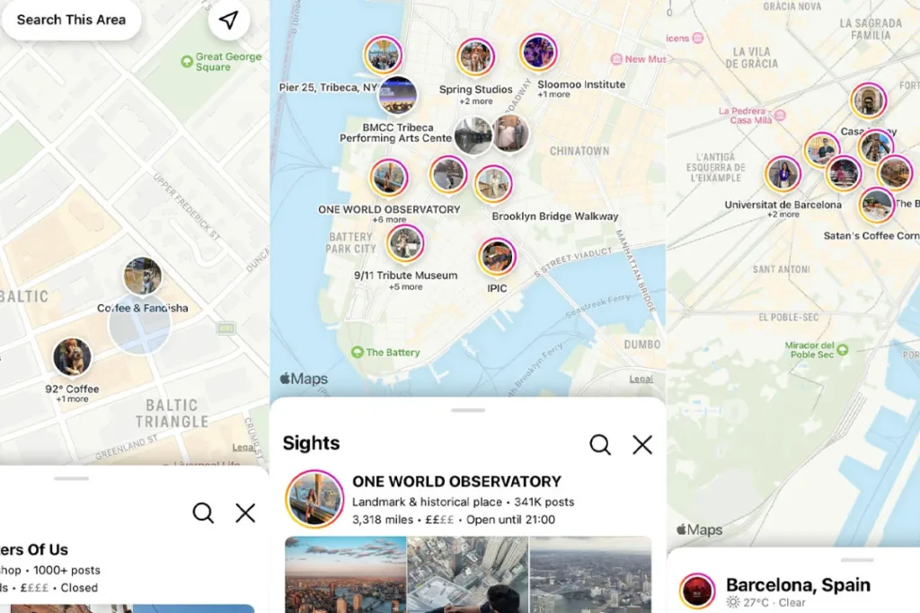 Instagram Maps interface showing cafes and local spots, useful for social media marketing Gold Coast campaigns targeting location-based audiences.