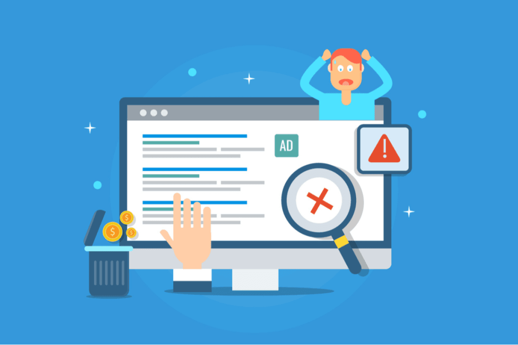 Illustration of PPC ad campaign on a computer screen with error warning, wasted budget, and frustrated user – showing the impact of PPC mistakes and the need for professional PPC service Gold Coast.
