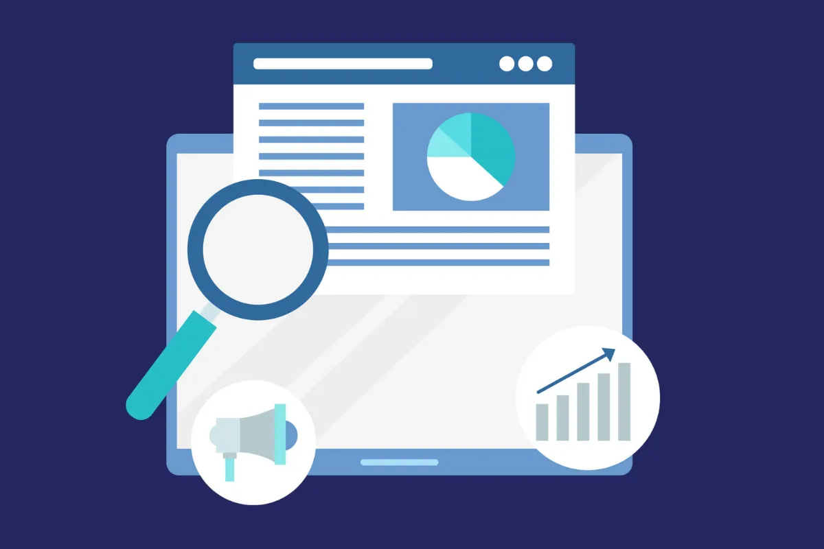 Illustration of magnifying glass over a web analytics dashboard with charts and graphs – identifying common PPC mistakes and improving campaign performance with expert PPC service Gold Coast.