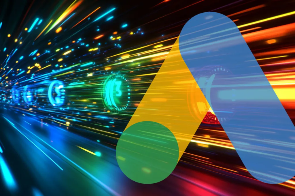 Illustration of Google Ads symbol over high-speed digital lights, representing the rollout of negative keyword lists in Performance Max campaigns.