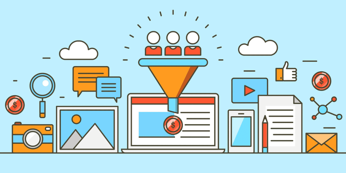 Marketing funnel illustration with people turning into sales, highlighting BOFU keywords and SEO service Gold Coast driving conversions.