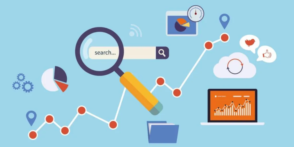 Illustration of SEO and paid media strategy with magnifying glass, analytics charts, and laptop, representing professional SEO service Gold Coast.
