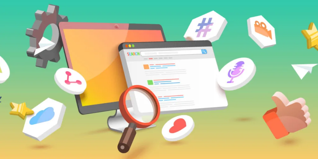 Colorful digital marketing concept showing SEO and paid media with search results, icons for social media and engagement, highlighting SEO service Gold Coast.