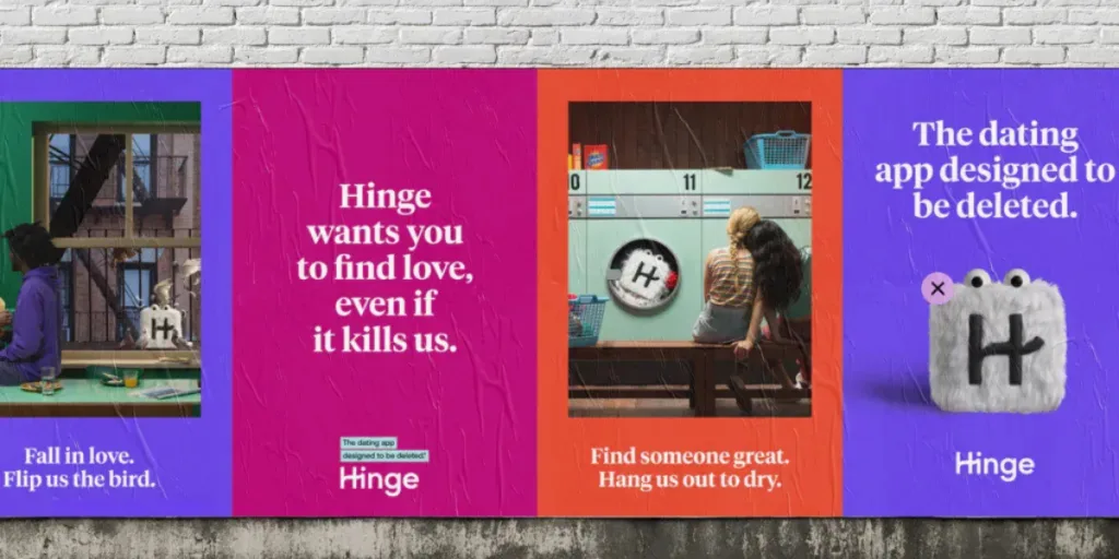 Anti-marketing style campaign by Hinge, with bold quirky messages and playful visuals, reflecting trends in digital marketing Gold Coast.