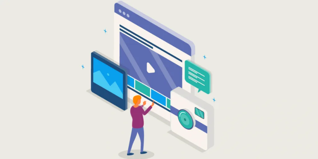 Vector of a marketer managing digital visuals and video strategy on a large screen, representing content marketing trends and innovative strategies in content marketing Gold Coast.