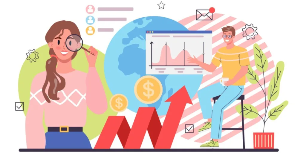 Illustration of professionals analysing global data and financial growth with graphs and arrows, showing content marketing trends for business success in content marketing Gold Coast.