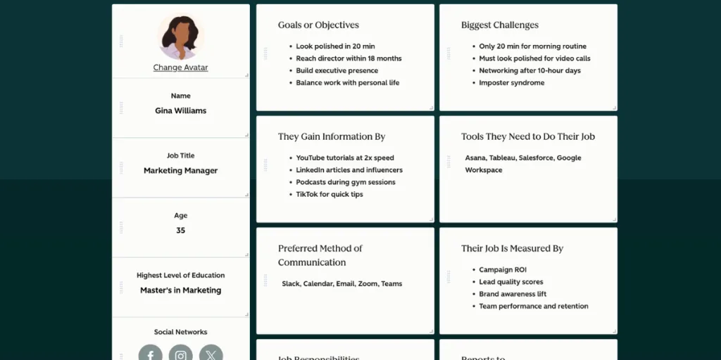 Customer persona profile of a marketing manager with goals, challenges, and tools, supporting targeted branding strategy Gold Coast plans.