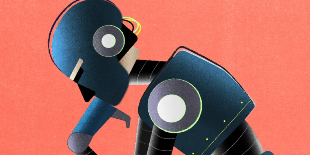 Stylised robot illustration on a red background, highlighting the risks when generative AI is distorting brand message and the importance of branding service Gold Coast to maintain authenticity.