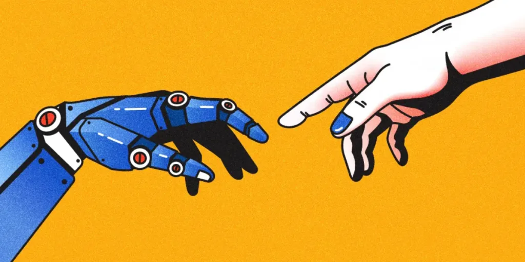 Illustration showing a human hand and robotic hand almost touching, symbolising how generative AI is distorting brand message and the need for trusted branding service Gold Coast.