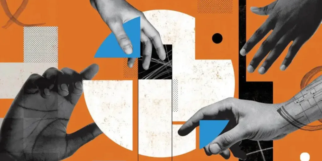 Creative collage of hands holding abstract blue and white shapes on an orange background, representing how generative AI is distorting brand message and why branding service Gold Coast is crucial for clarity.