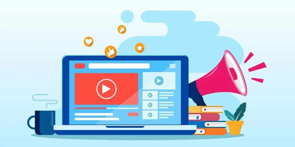 Video SEO illustration showing laptop with play button, likes, and shares, highlighting SEO service Gold Coast and social media marketing Gold Coast.