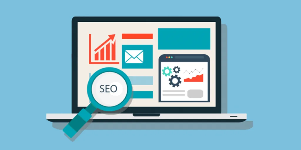 Illustration of video SEO on a laptop screen with charts and email icons, promoting SEO service Gold Coast and social media marketing Gold Coast.