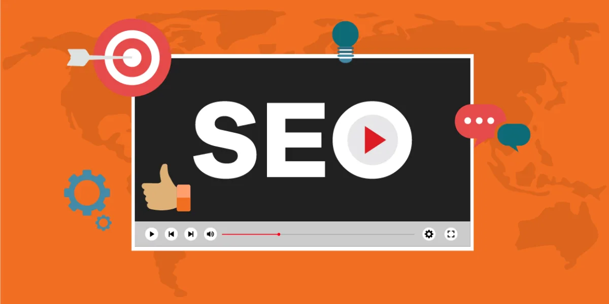 Video SEO concept with play button, target, and engagement icons, representing SEO service Gold Coast and social media marketing Gold Coast.