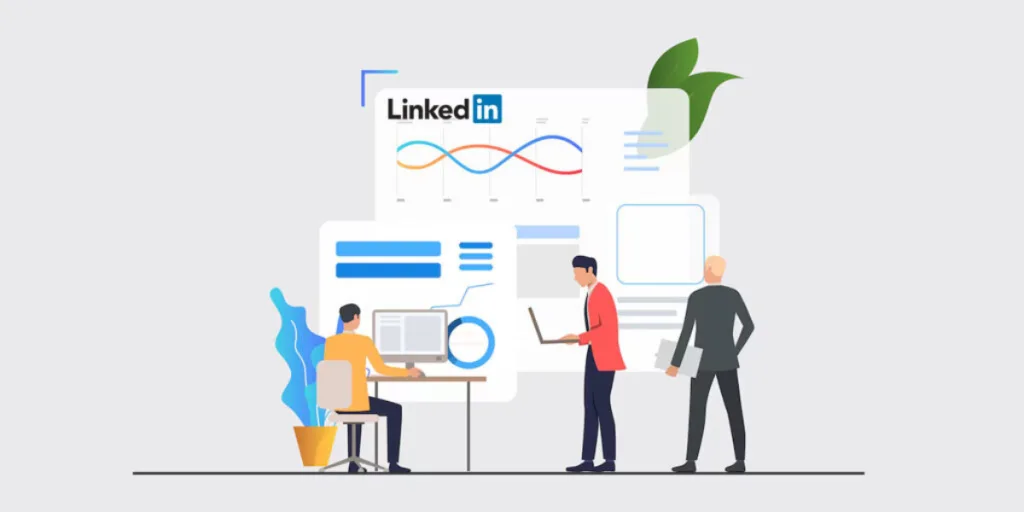 Illustration of professionals analyzing LinkedIn SEO strategies with charts and data, optimized by an SEO service Gold Coast.