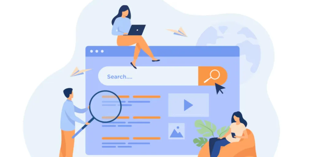 Vector illustration of people analysing a search results page with magnifying glass and laptop, symbolising People Also Ask SEO strategy and keyword research provided by SEO service Gold Coast specialists.