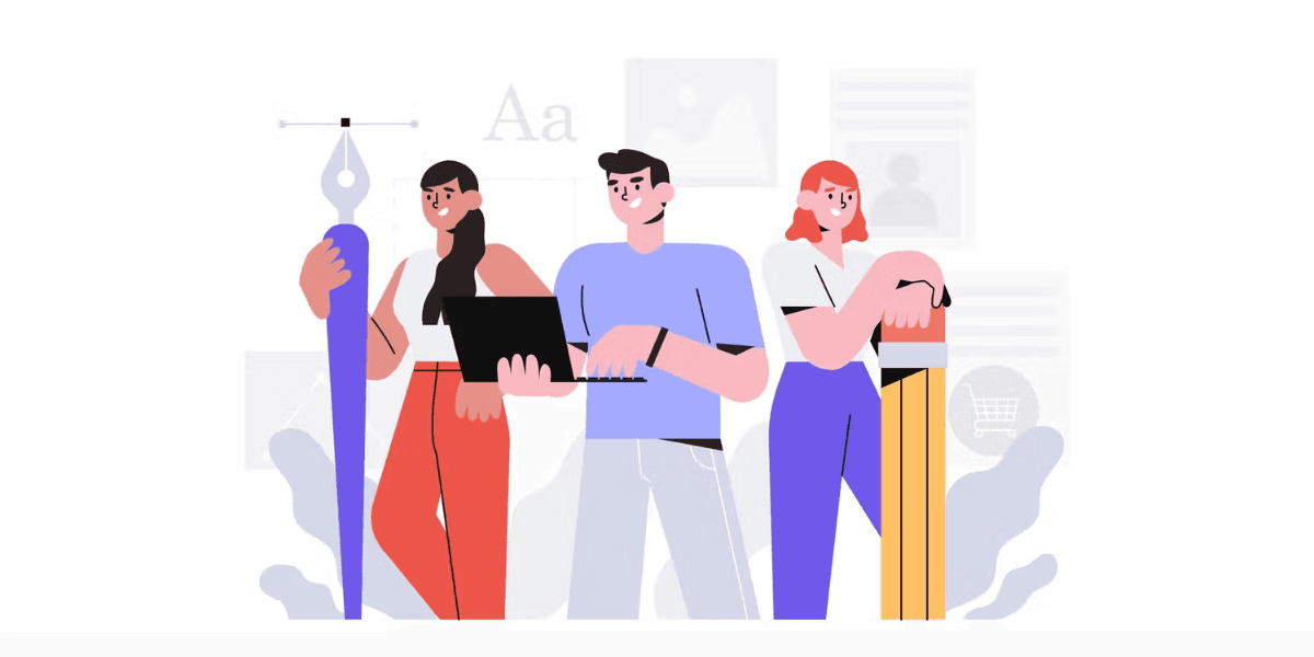 A creative team working on a website content plan and web design Gold Coast project, holding tools like a laptop, giant pencil, and design pen.