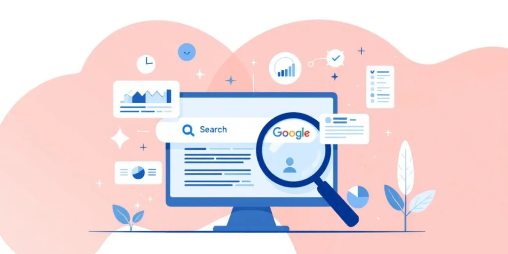 Flat illustration of Google search page with analytics icons and magnifying glass — concept of zero-click SEO growth for SEO Gold Coast brands improving rankings without direct clicks.