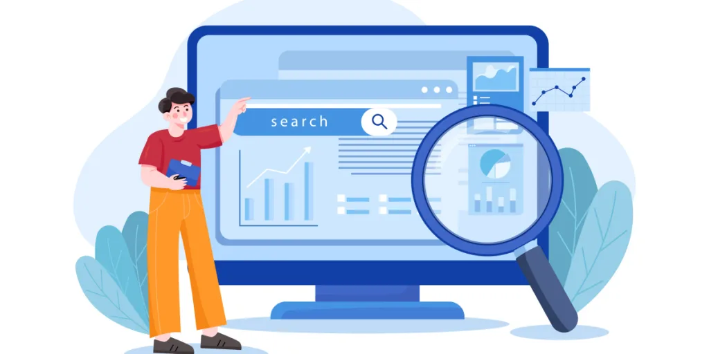 Illustration of a man analysing search results with charts and graphs on a computer screen — concept of zero-click SEO and how SEO Gold Coast businesses can optimise for featured snippets and search visibility.