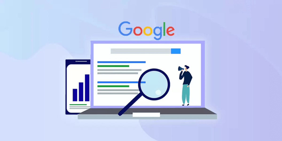 Laptop and smartphone showing Google search results with magnifying glass — visual representation of zero-click SEO strategies for SEO Gold Coast companies focusing on Google features and SERP optimisation.