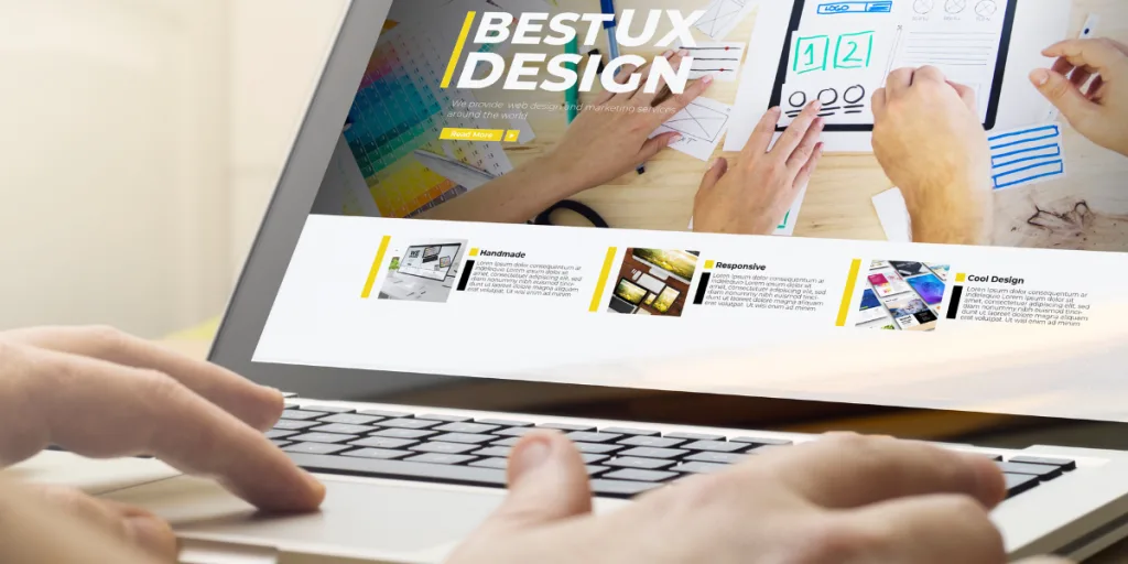 Hands designing a responsive website interface on a laptop with UX elements on screen — Make Your UX Research Hard To Ignore, web design Gold Coast.