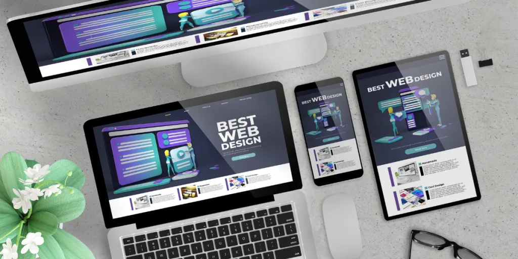 Practicing Sustainable Web Design shown on desktop, laptop, tablet, and smartphone screens with vibrant digital layouts — representing modern, energy-efficient web design Gold Coast practices for businesses.
